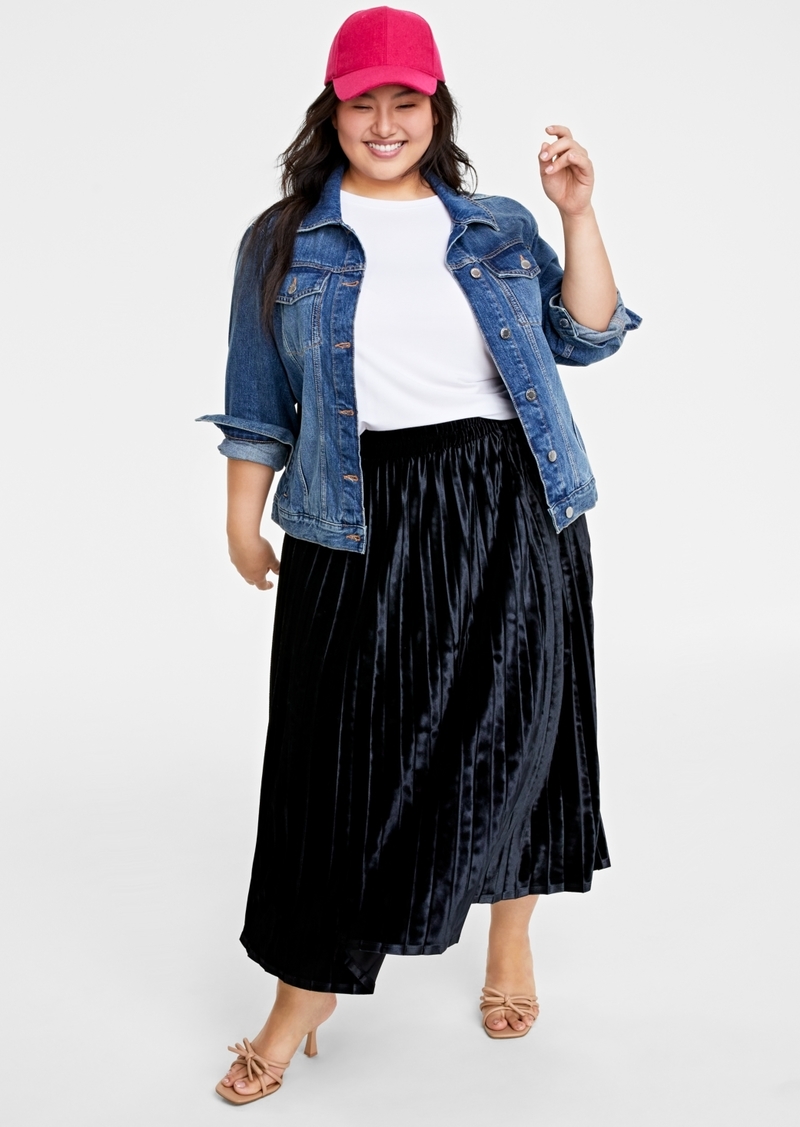 On 34th Plus Size Velvet Pleated Midi Skirt, Created for Macy's - Deep Black