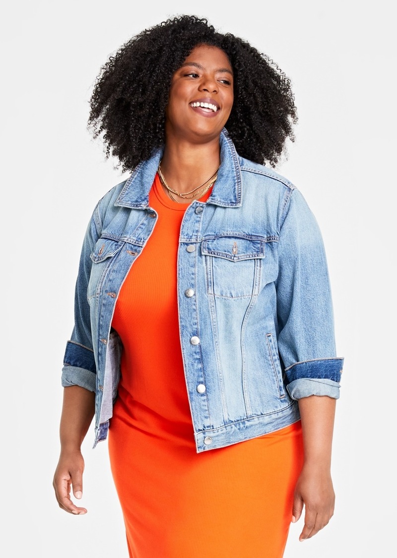 On 34th Trendy Plus Size Classic Denim Trucker Jacket, Created for Macy's - Light Wash