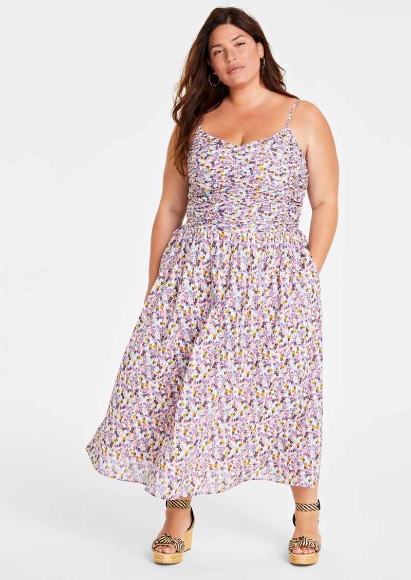 On 34th Trendy Plus Size Garden Print Corset Midi Dress, Created for Macy's - Pastel Rose Cmb