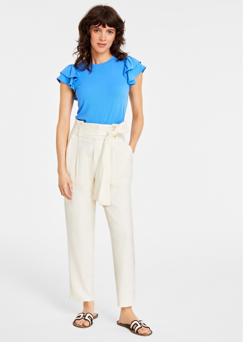 On 34th Women's Belted Paperbag Pants, Created for Macy's - Ecru