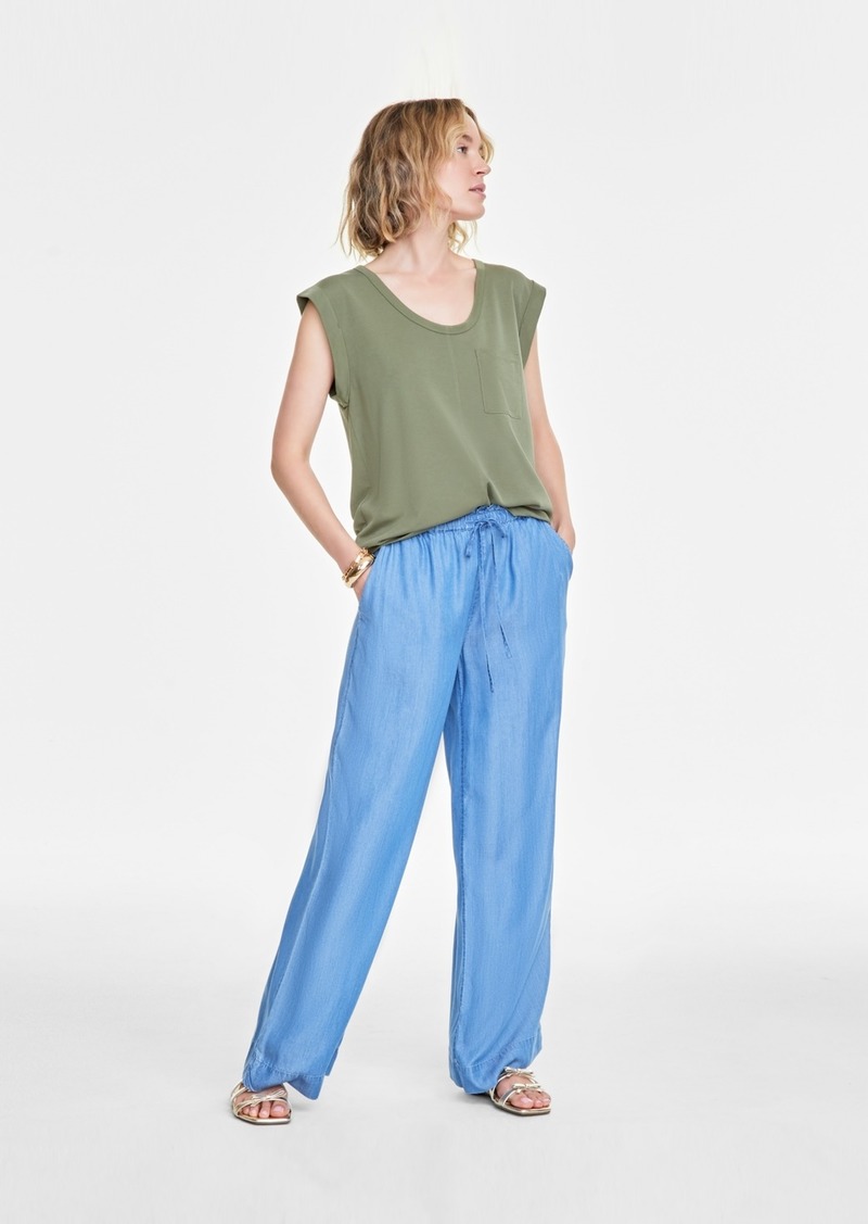 On 34th Women's Chambray Drawstring Wide-Leg Pants, Created for Macy's - Spring Wash