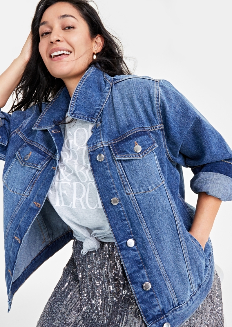 On 34th Women's Classic Denim Trucker Jacket, Created for Macy's - Dark Wash