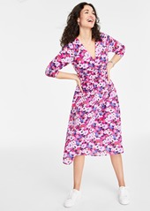 On 34th Women's Cotton Surplice-Neck 3/4-Sleeve Midi Dress, Created for Macy's - Jazzy Pink Combo