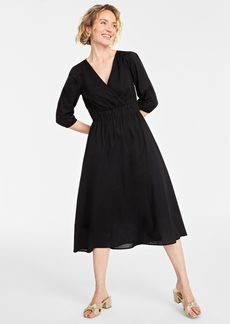 On 34th Women's Cotton Surplice-Neck 3/4-Sleeve Midi Dress, Created for Macy's - Deep Black