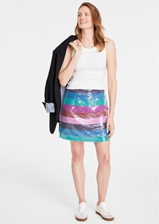 On 34th Women's Mid-Rise Boardwalk-Stripe Sequined Mini Skirt, Created for Macy's - Sweet Orchid Combo