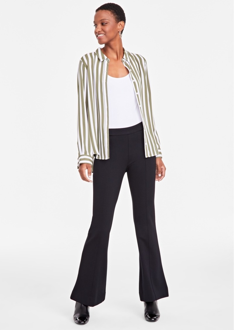 On 34th Women's Pintucked-Seam Ponte-Knit Flare Pants, Created for Macy's - Deep Black