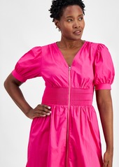 On 34th Women's Printed Cotton Zip-Front Puff-Sleeve Dress, Created for Macy's - Jazzy Pink