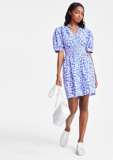On 34th Women's Printed Cotton Zip-Front Puff-Sleeve Dress, Created for Macy's - Regatta Cmb