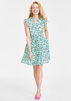 On 34th Women's Printed Ruffled Dress, Created for Macy's - Bright White combo