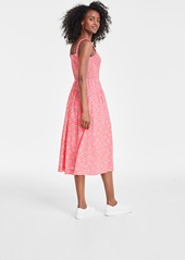 On 34th Women's Printed Smocked-Bodice Midi Dress, Created for Macy's - Peony Coral Combo