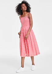 On 34th Women's Printed Smocked-Bodice Midi Dress, Created for Macy's - Peony Coral Combo