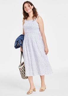 On 34th Women's Printed Smocked-Bodice Midi Dress, Created for Macy's - Brght White Combo
