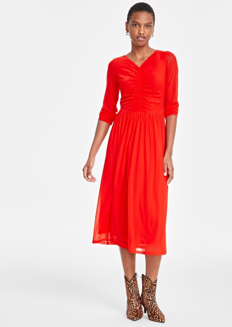 On 34th Women's Ruched-Mesh Midi Dress, Created for Macy's - Fiery Red