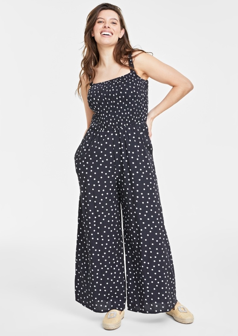 On 34th Women's Smocked Square-Neck Jumpsuit, Created for Macy's - Deep Black Combo