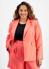 Trendy Plus Size Solid Linen Single-Breasted Woven Blazer, Created for Macy's - Peony Coral