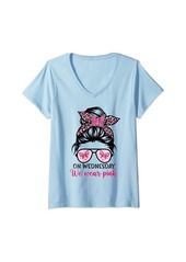 Womens On Wednesday We Wear Pink Messy Bun Leopard Breast Cancer V-Neck T-Shirt