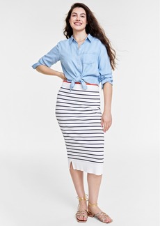 On Women's Striped Sweater-Knit Pencil Skirt, Created for Macy's - White/navy