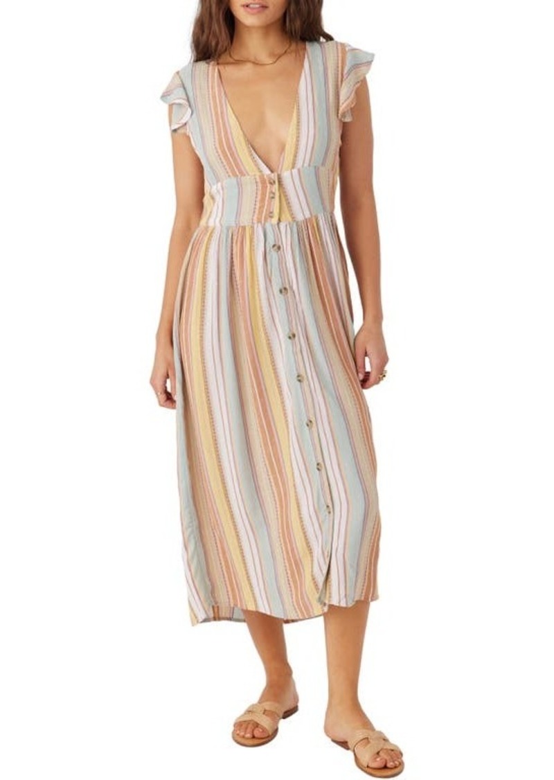 O'Neill Rainey Stripe Flutter Sleeve Midi Dress