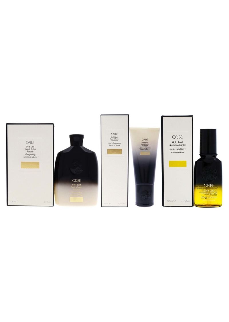 Gold Lust Kit by Oribe for Unisex - 3 Pc Kit 8.5oz Repair and Restore Shampoo, 6.8oz Repair and Restore Conditioner, 1.7oz Nourishing Hair Oil
