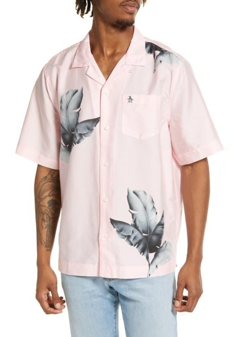 Original Penguin Men's Leaf Print Short Sleeve Lyocell & Cotton Button-Up Camp Shirt in Parfait Pink at Nordstrom