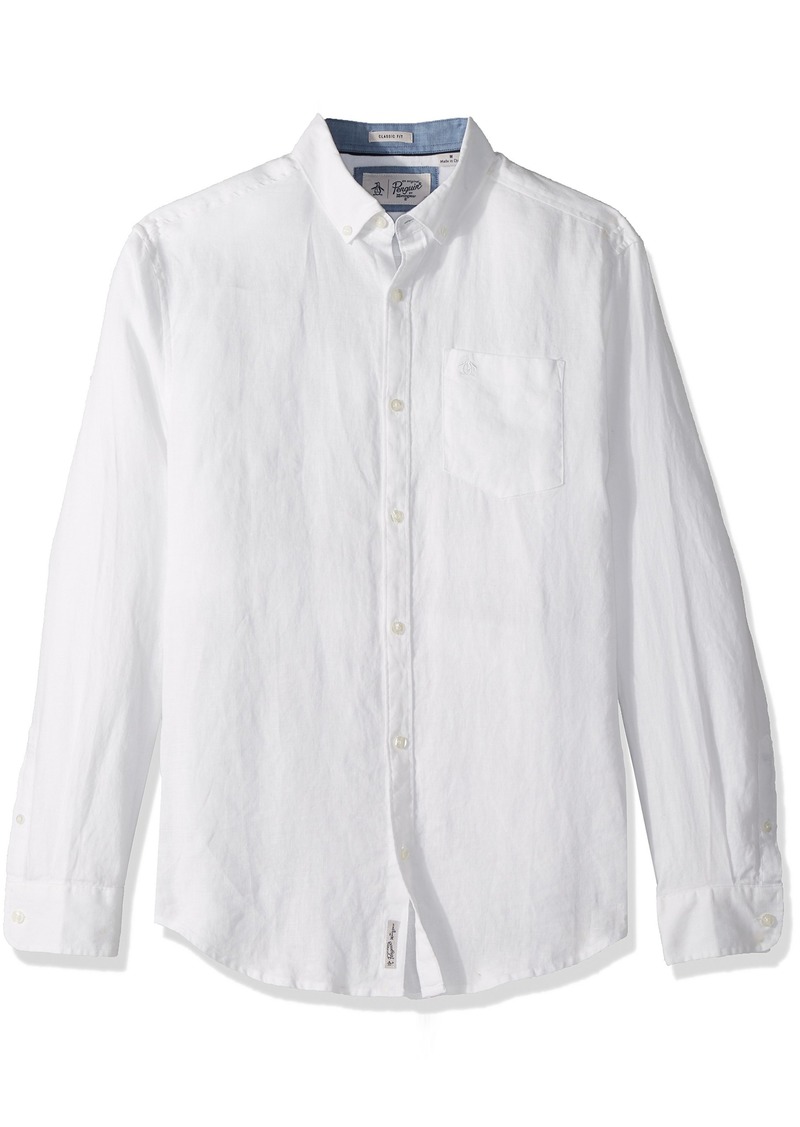 Original Penguin Men's Long Sleeve Linen Shirt bright white