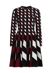 Oscar de la Renta Checkered Chevron Knit Fit-&-Flare Dress