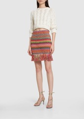 Oscar de la Renta Cotton Crochet Knit Mini Skirt W/fringes