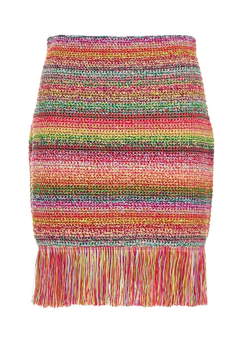 Oscar de la Renta Cotton Crochet Knit Mini Skirt W/fringes