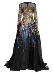 Oscar de la Renta Embroidered-Firework Mesh Gown