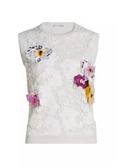 Oscar de la Renta Floral Appliqué Silk-Blend Tank