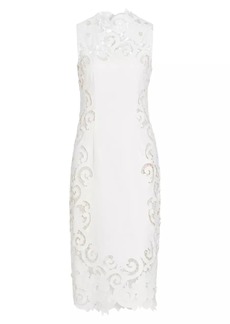 Oscar de la Renta Floral Border Cotton-Blend Guipure Midi-Dress