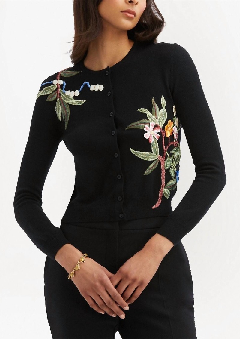 Oscar de la Renta Floral Embroidered Cardigan In Black Multi