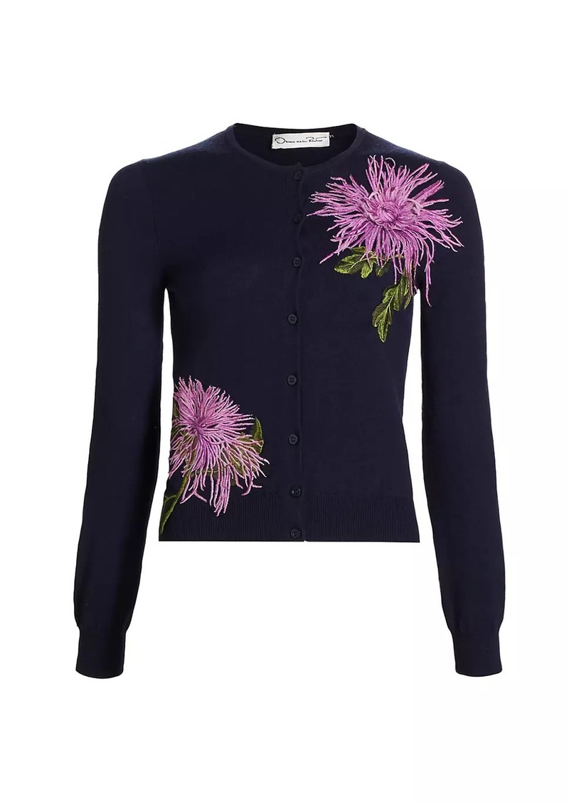 Oscar de la Renta Floral-Embroidered Wool Cardigan