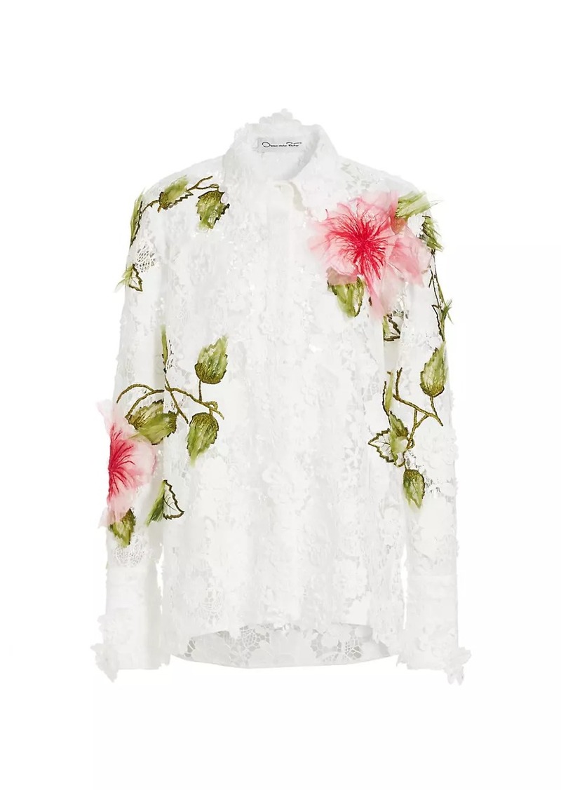 Oscar de la Renta Hibiscus Floral Guipure Blouse