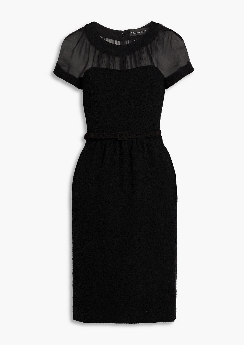 Oscar de la Renta - Belted chiffon-paneled wool-blend bouclé dress - Black - US 10