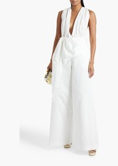 Oscar de la Renta - Bow-embellished pleated faille wide-leg jumpsuit - White - US 6