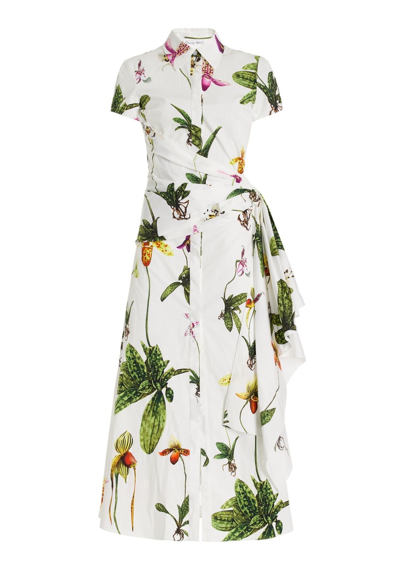 Oscar de la Renta - Cap Sleeve  Orchids Poplin Dress With Sash Detail - Floral - US 6 - Moda Operandi