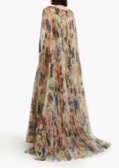 Oscar de la Renta - Cape-effect embellished floral-print plissé-organza gown - Neutral - US 2