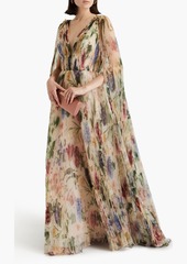 Oscar de la Renta - Cape-effect embellished floral-print plissé-organza gown - Neutral - US 2