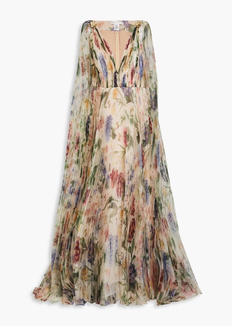 Oscar de la Renta - Cape-effect embellished floral-print plissé-organza gown - Neutral - US 2