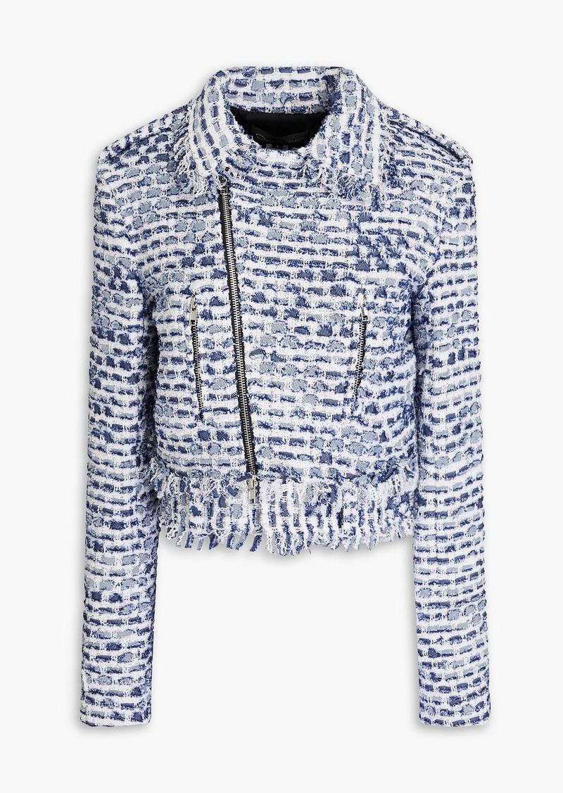 Oscar de la Renta - Cropped cotton-blend bouclé-tweed biker jacket - Blue - US 4