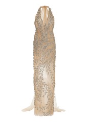 Oscar de la Renta - Crystal Leaf Embroidered Column Gown - Silver - US 0 - Moda Operandi