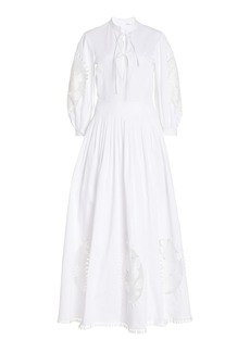 Oscar de la Renta - Embroidered Pleated Cotton Poplin Maxi Dress - White - US 0 - Moda Operandi