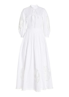 Oscar de la Renta - Embroidered Pleated Cotton Poplin Maxi Dress - White - US 10 - Moda Operandi