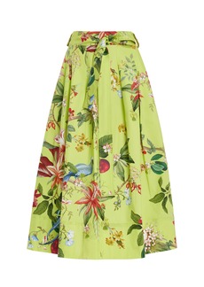 Oscar de la Renta - Exclusive Painted Poppies Cotton Poplin Midi Skirt - Multi - US 8 - Moda Operandi