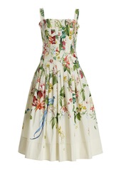 Oscar de la Renta - Floral & Fauna Pleated Cotton Midi Dress - White - US 00 - Moda Operandi