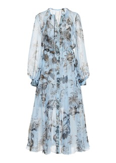 Oscar de la Renta - Floral & Fauna Silk Chiffon Midi Dress - Light Blue - US 14 - Moda Operandi