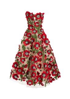 Oscar de la Renta - Floral-Appliquéd Satin Midi Dress - Red - US 0 - Moda Operandi