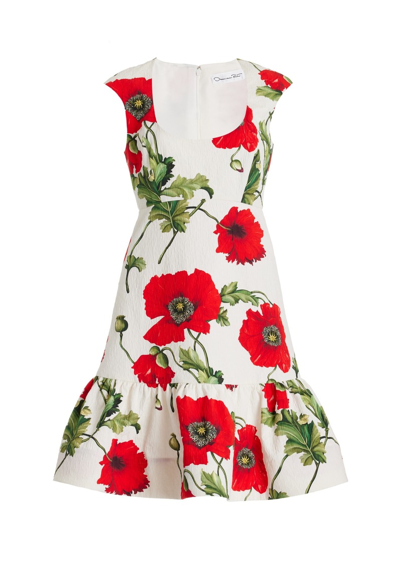 Oscar de la Renta - Floral Cotton Cloque Mini Dress - White - US 2 - Moda Operandi