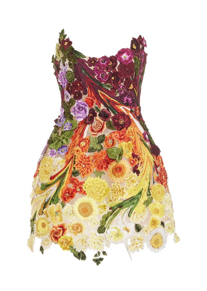 Oscar de la Renta - Floral-Embroidered Tulle Mini Dress - Multi - US 6 - Moda Operandi